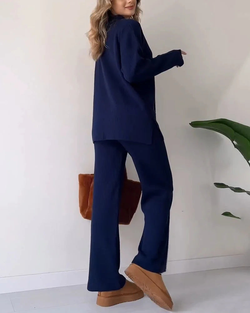 Damen V-Ausschnitt Casual Schlitz gestrickt Zweiteiliges Set