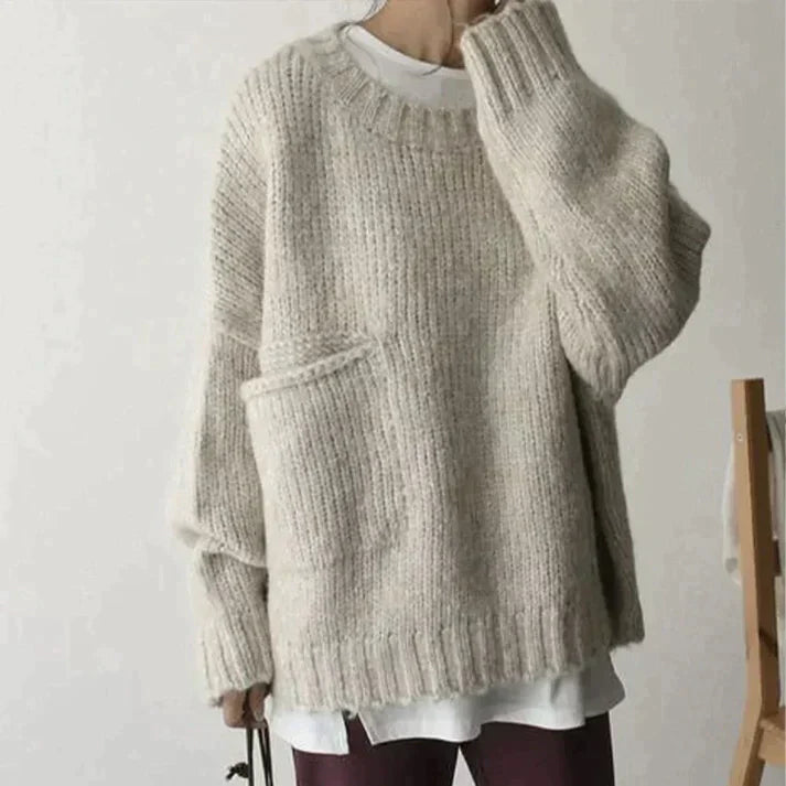 Elfenbein übergroßer Pullover mit Tasche an der Vorderseite
