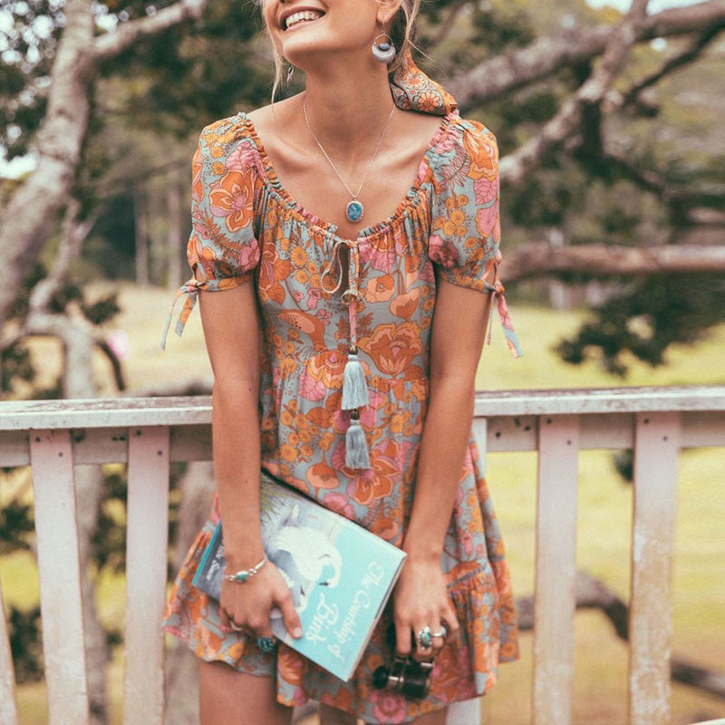 Damen Boho Sommerkleid mit Blumenmuster und Gerafftem Halsausschnitt - Olivia-5