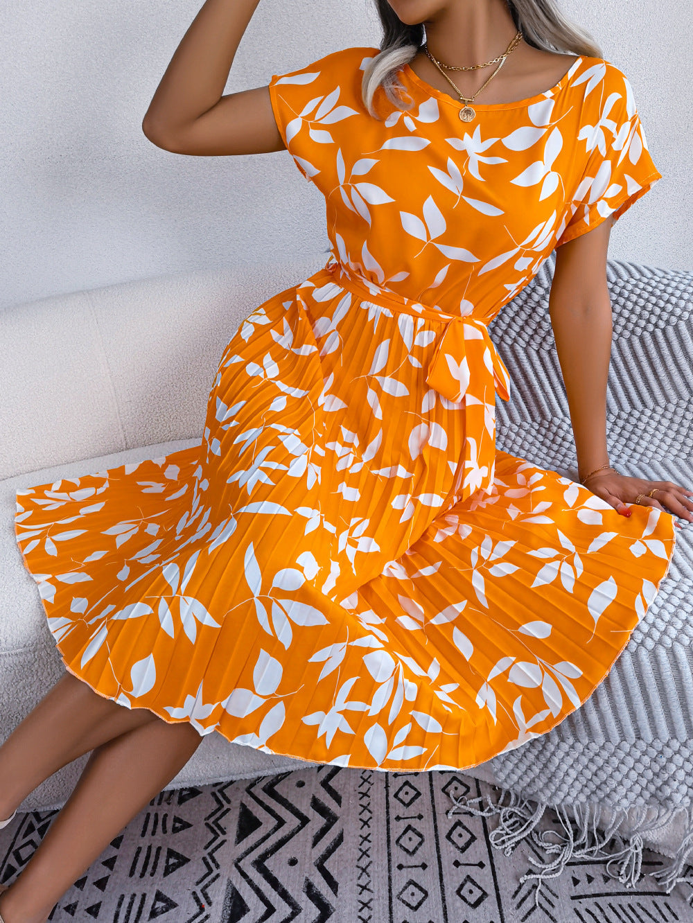 Damen Faltendes Kleid mit Blattmuster Elegant - Aya-4