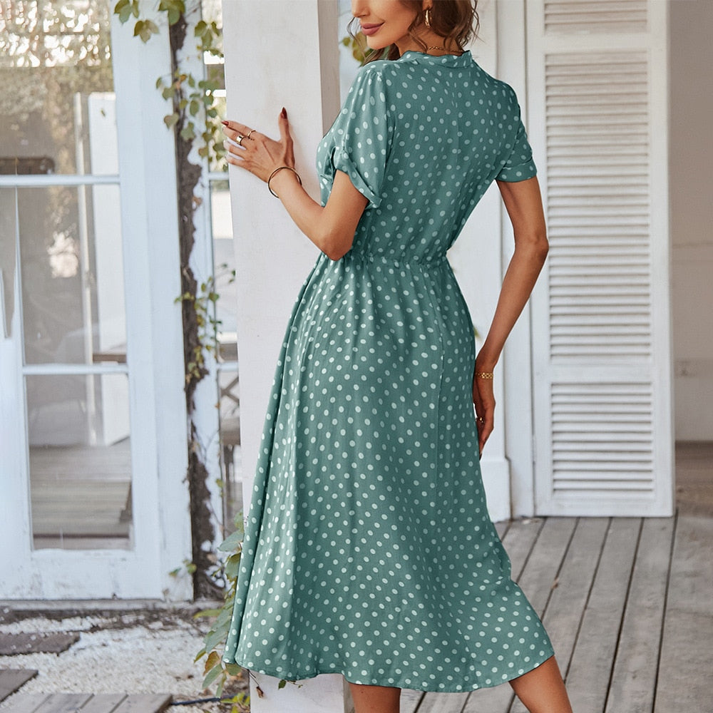 Damen Polka Dot Kleid Bequem V-Ausschnitt Knielang - Leyna-5