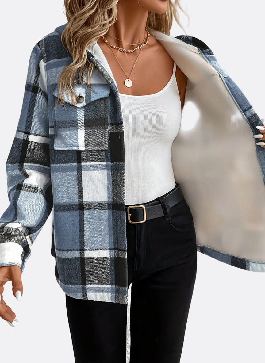 Damen-Fleecejacke mit Karomuster und Kapuze 1