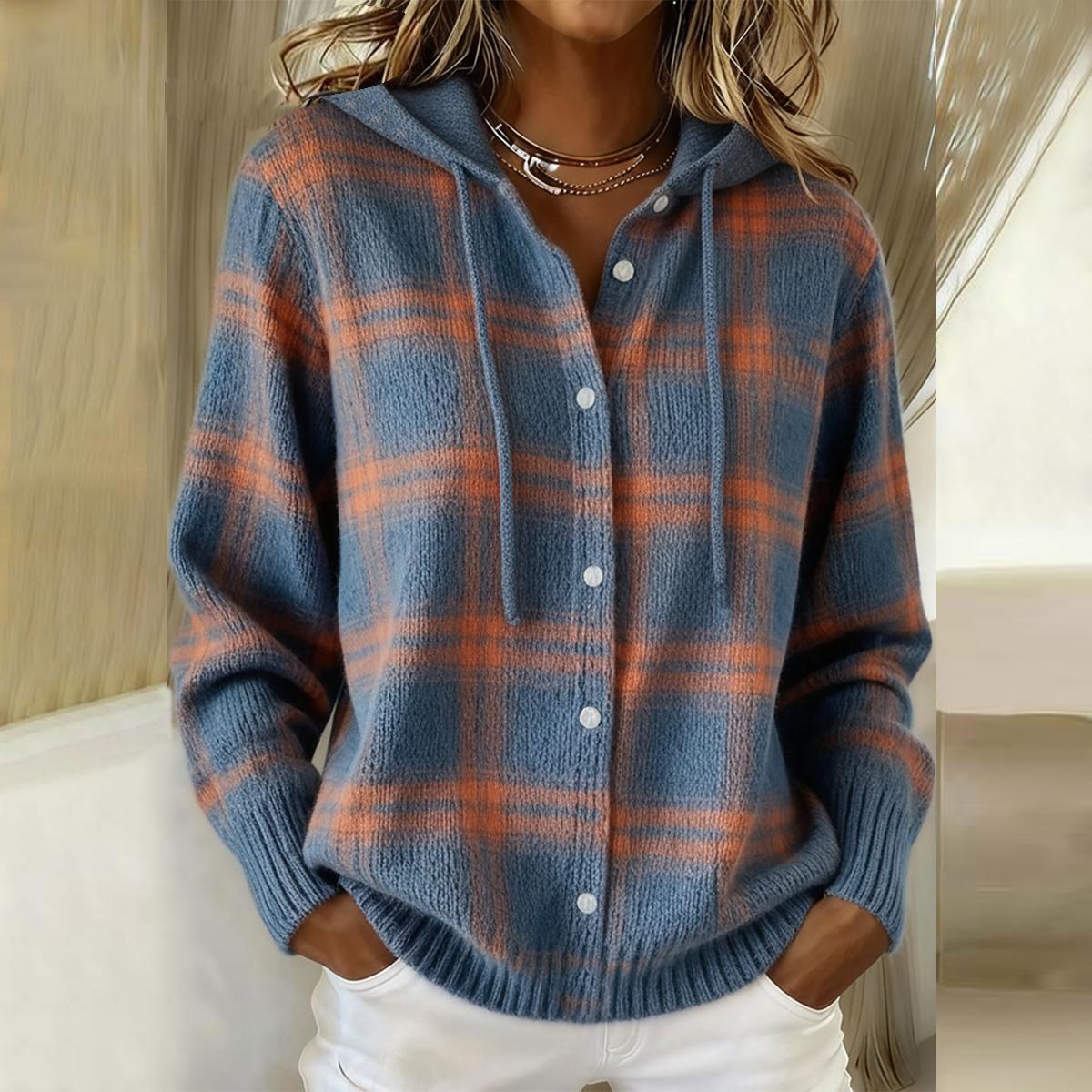 Herbst-Kuschelzeit: Blue Plaid Button Down Hoodie Sweater 0