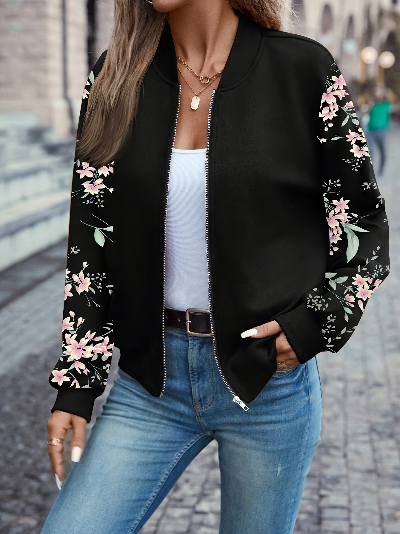 Jacke mit Blumenmuster und Reißverschluss – Langärmliges Design & Reißverschluss 3