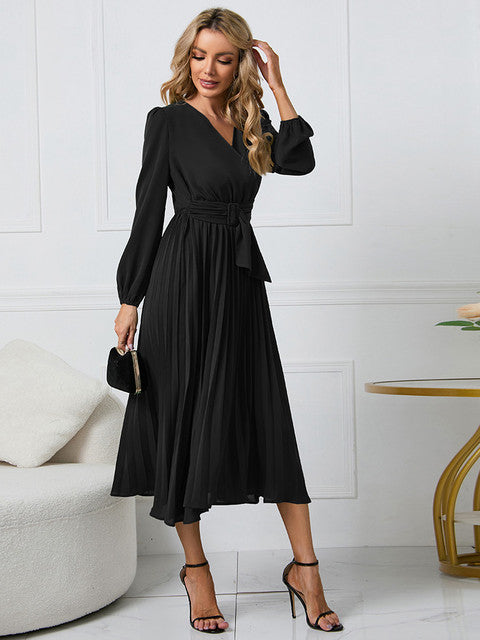 Variant image for Damen Faltenkleid V-Ausschnitt mit Gürtel für Festliche Anlässe - Nicole-1