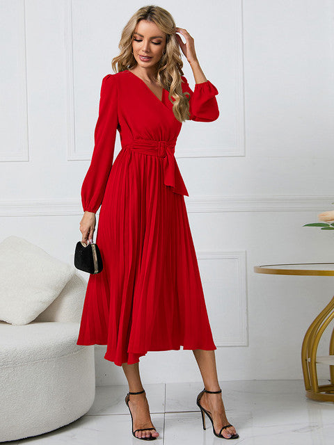 Variant image for Damen Faltenkleid V-Ausschnitt mit Gürtel für Festliche Anlässe - Nicole-16