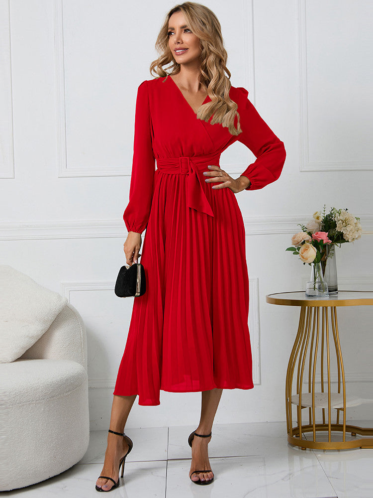 Damen Faltenkleid V-Ausschnitt mit Gürtel für Festliche Anlässe - Nicole-6