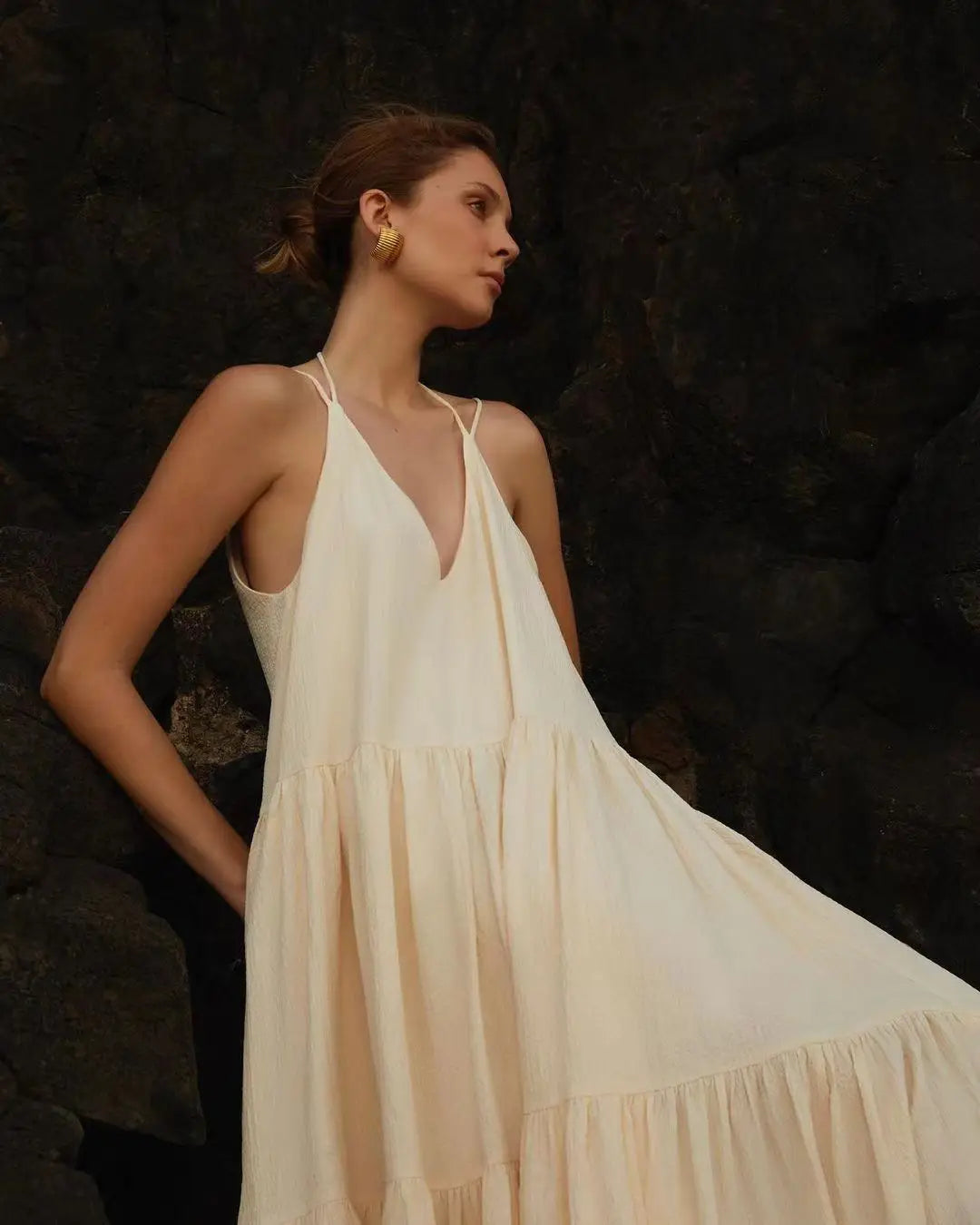 Damen Maxikleid Eleganter V-Ausschnitt Fließende Silhouette - Arielle-5