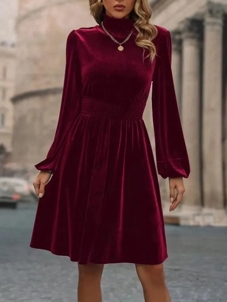 Variant image for Damen Samt Turtleneck Kleid Eleganter Schnitt Mit Laternenärmel - Bella-5