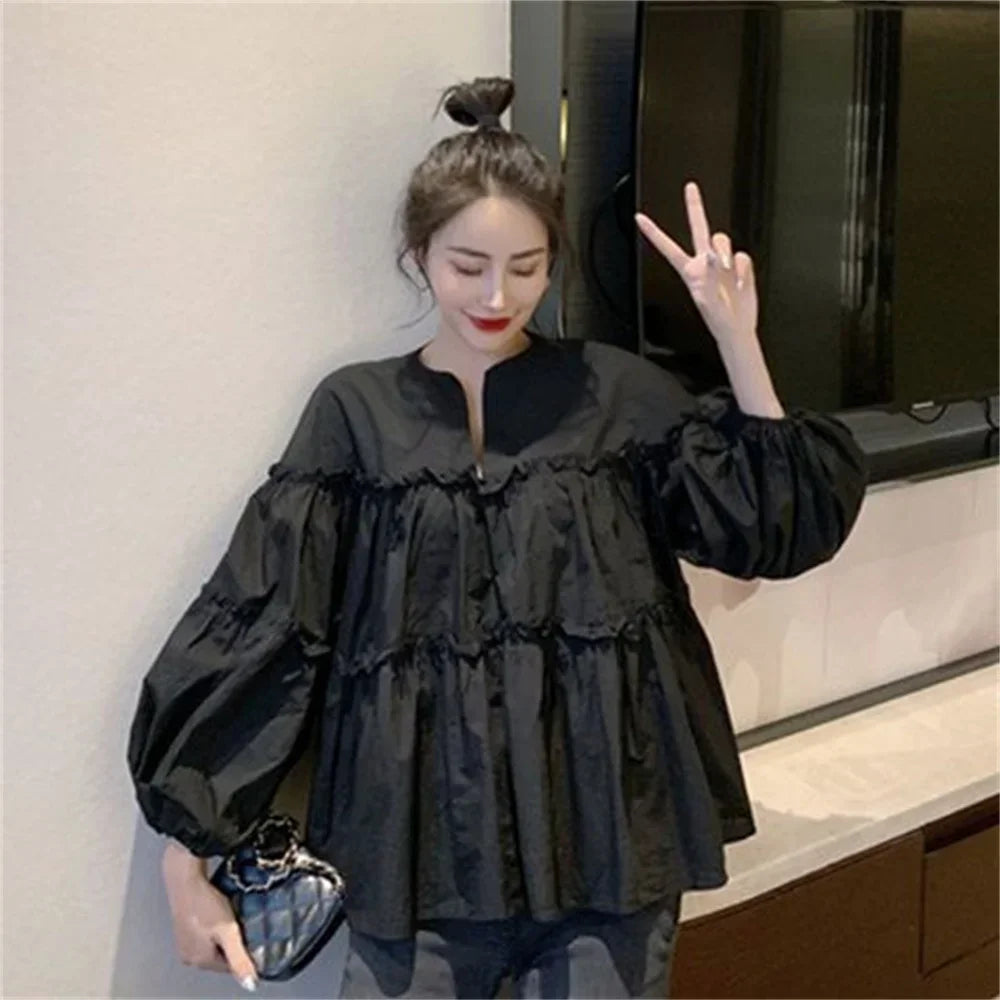 Babydoll-Bluse mit Ballonärmeln und einfarbigem V-Ausschnitt