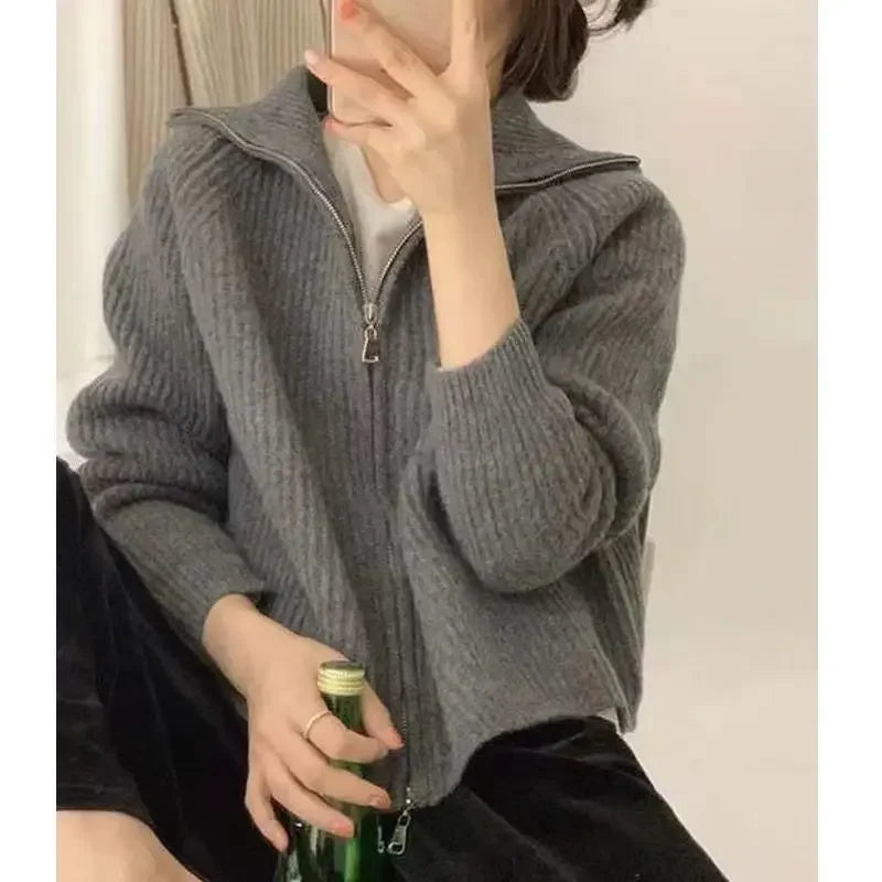 Trendiger Gerippter Strick-Cardigan mit Reißverschluss