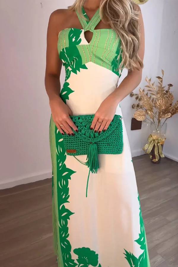 Damen Halter-Maxikleid Tropisches Design mit Schlüsselloch-Ausschnitt - Mia-4