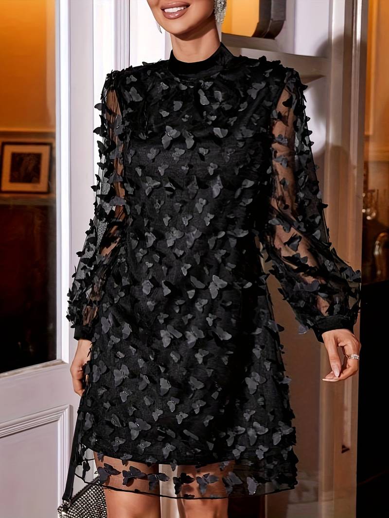 Damen Mesh-Kleid mit Stehkragen und Schmetterlingsmuster - Lisa-4