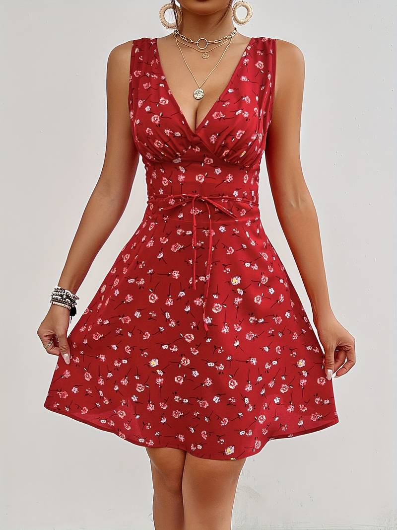 Damen Ärmelloses Kleid V-Ausschnitt Mit Gürtel - Sommerkleid für Hochzeitsgast - Bella-3