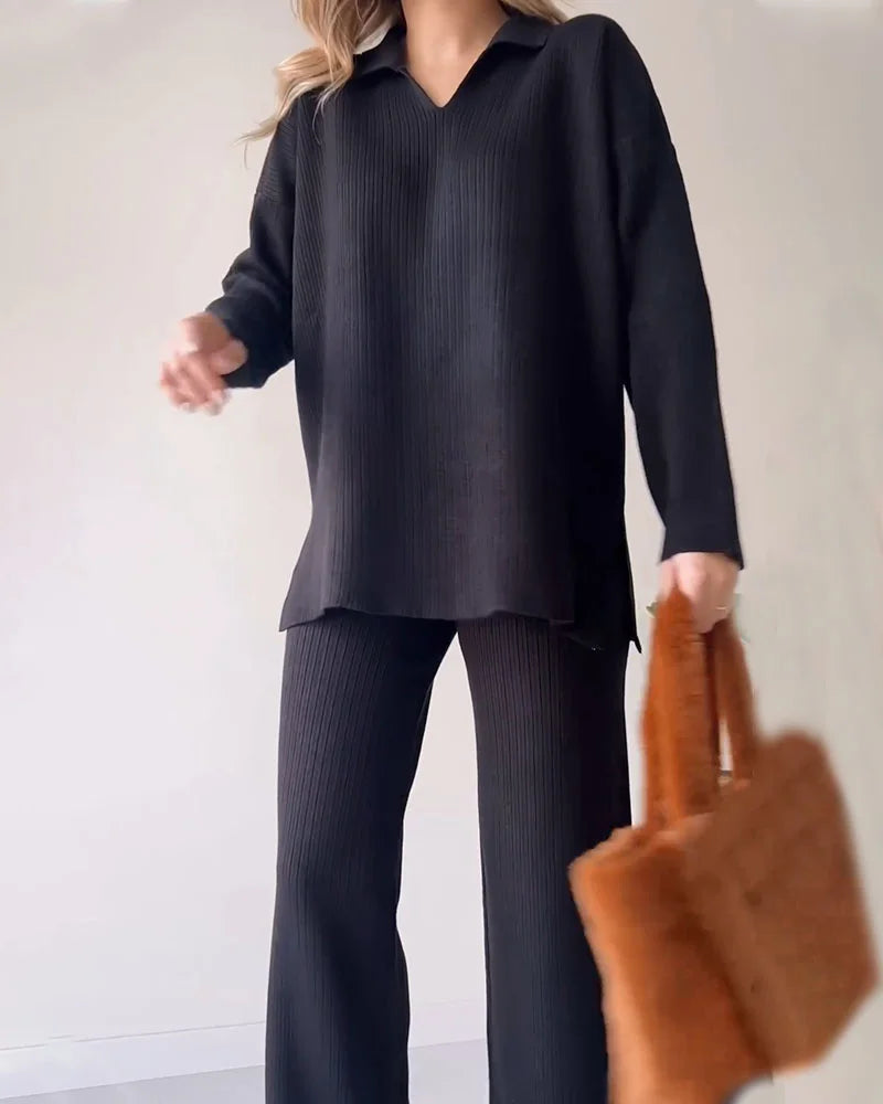 Damen V-Ausschnitt Casual Schlitz gestrickt Zweiteiliges Set