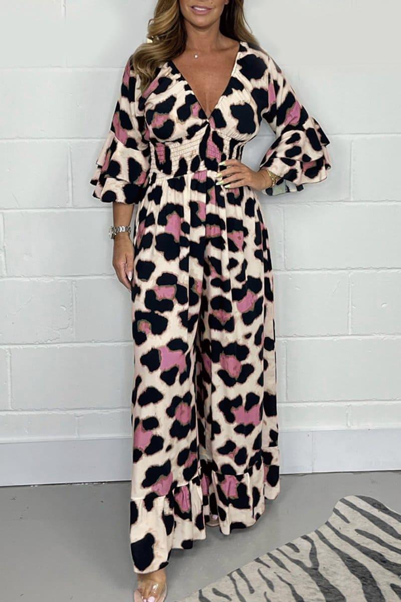 Lozenda - Stylischer Leopardenmuster V-Ausschnitt Jumpsuit