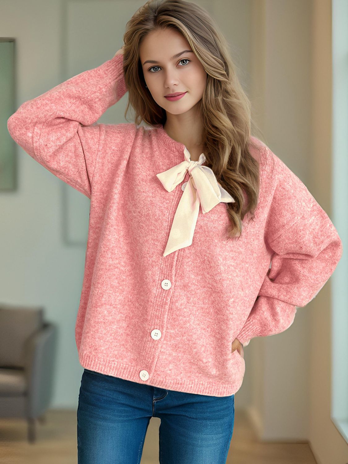 Alisa - Gestrickte Bluse mit langen Ärmeln und Strickjacke