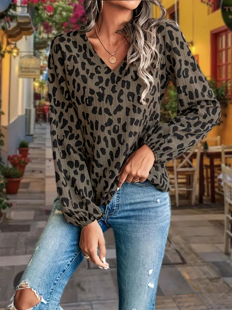 Bluse mit Leopardenmuster und V-Ausschnitt für Frauen - Mia