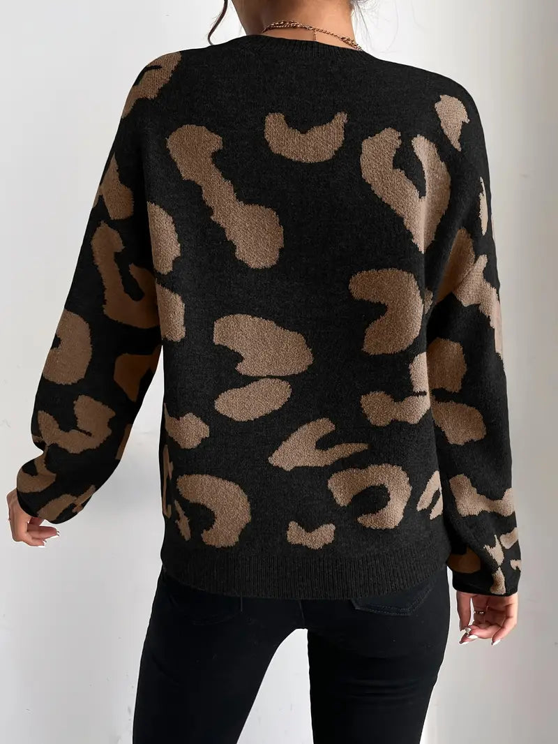 Makayla - Langärmeliger Leopardenmuster Rundhalsausschnitt Pullover