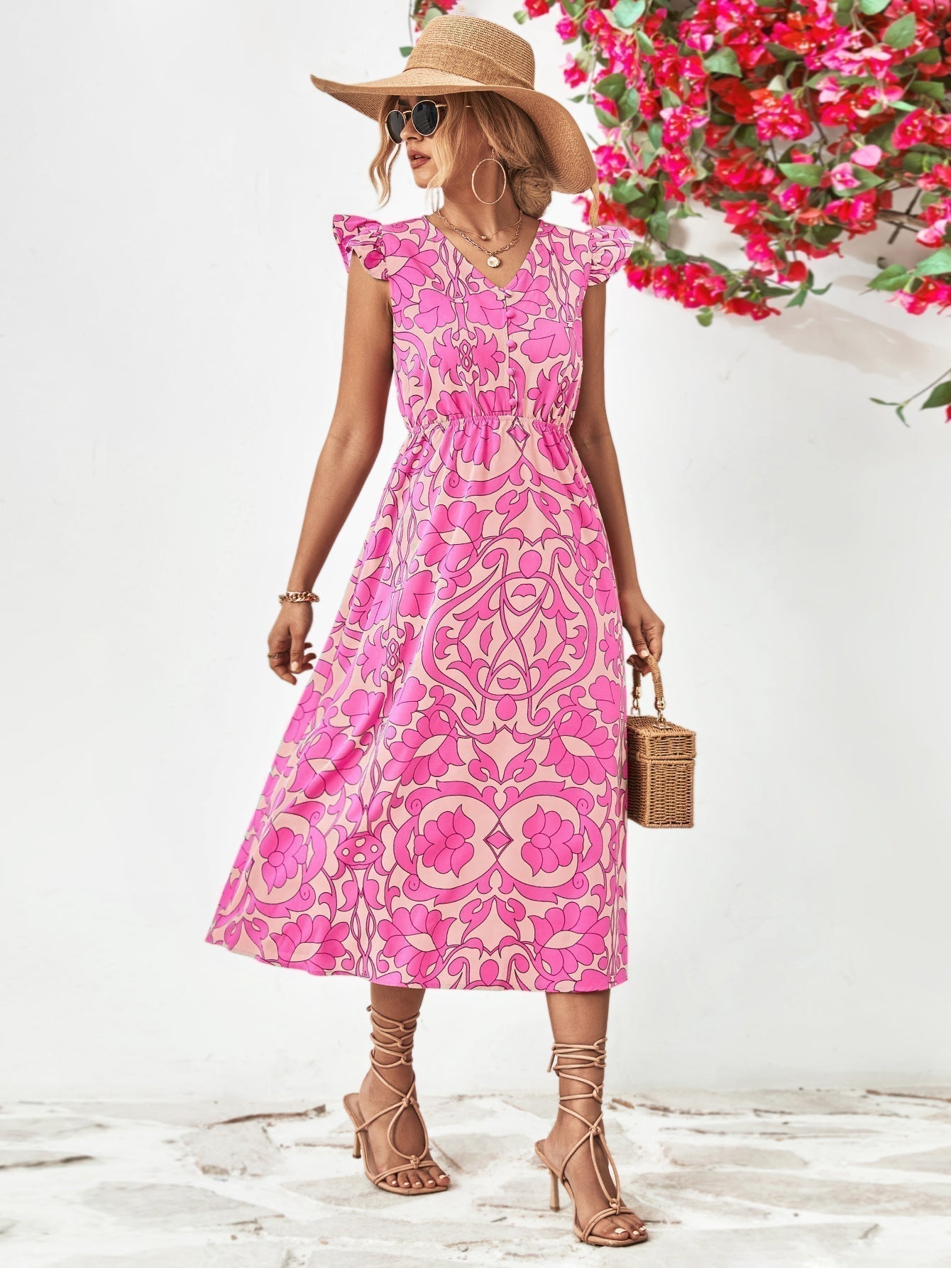 Damen Blumenkleid Mit Zartem V-Ausschnitt Und Kurzen Ärmeln - Mia-3