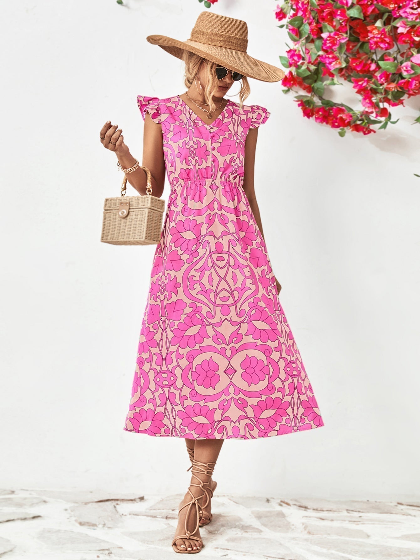 Variant image for Damen Blumenkleid Mit Zartem V-Ausschnitt Und Kurzen Ärmeln - Mia-1