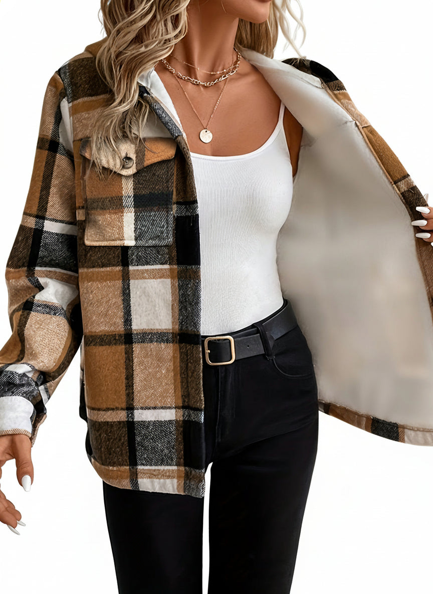 Damen-Fleecejacke mit Karomuster und Kapuze 0