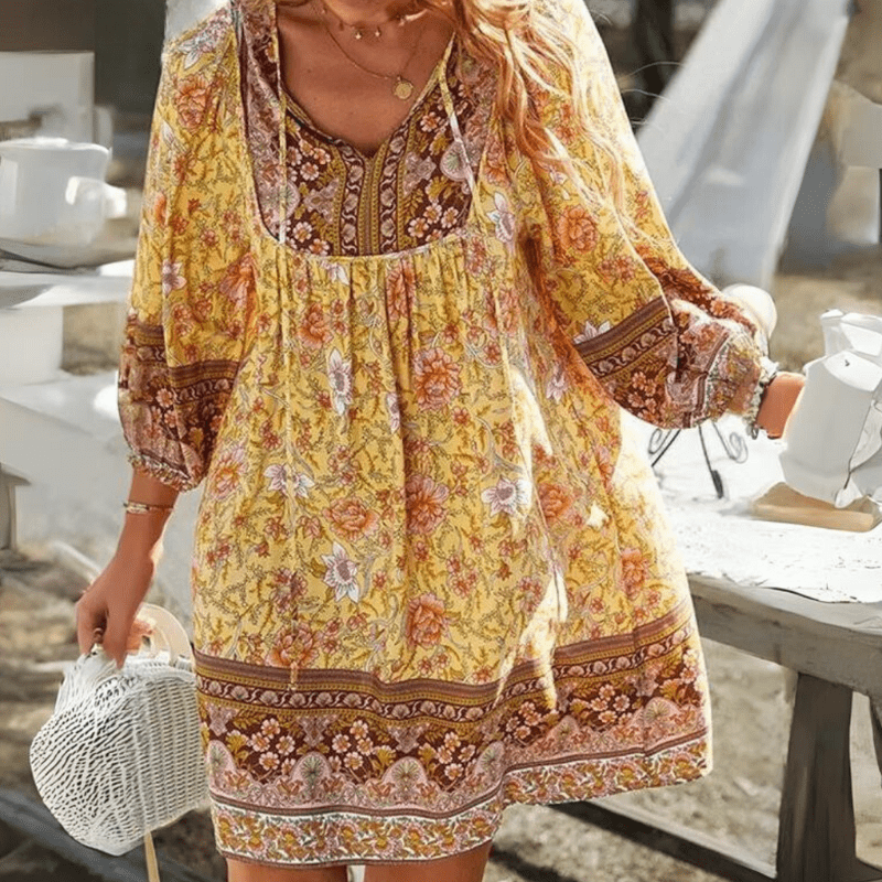 Damen Langarm Boho Bedrucktes Mini Kleid - Sophie