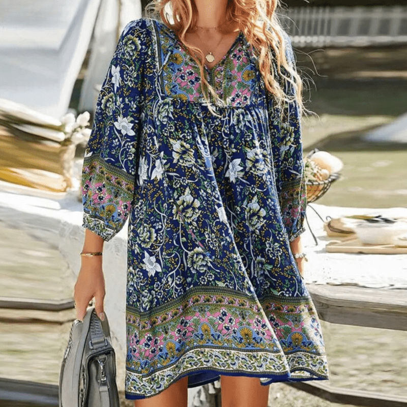 Damen Langarm Boho Bedrucktes Mini Kleid - Sophie