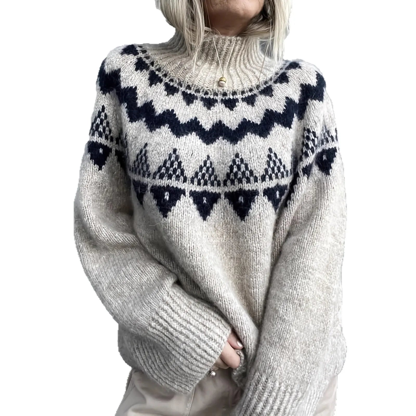 Damen Rollkragenpullover mit Norwegermuster in weiter Form