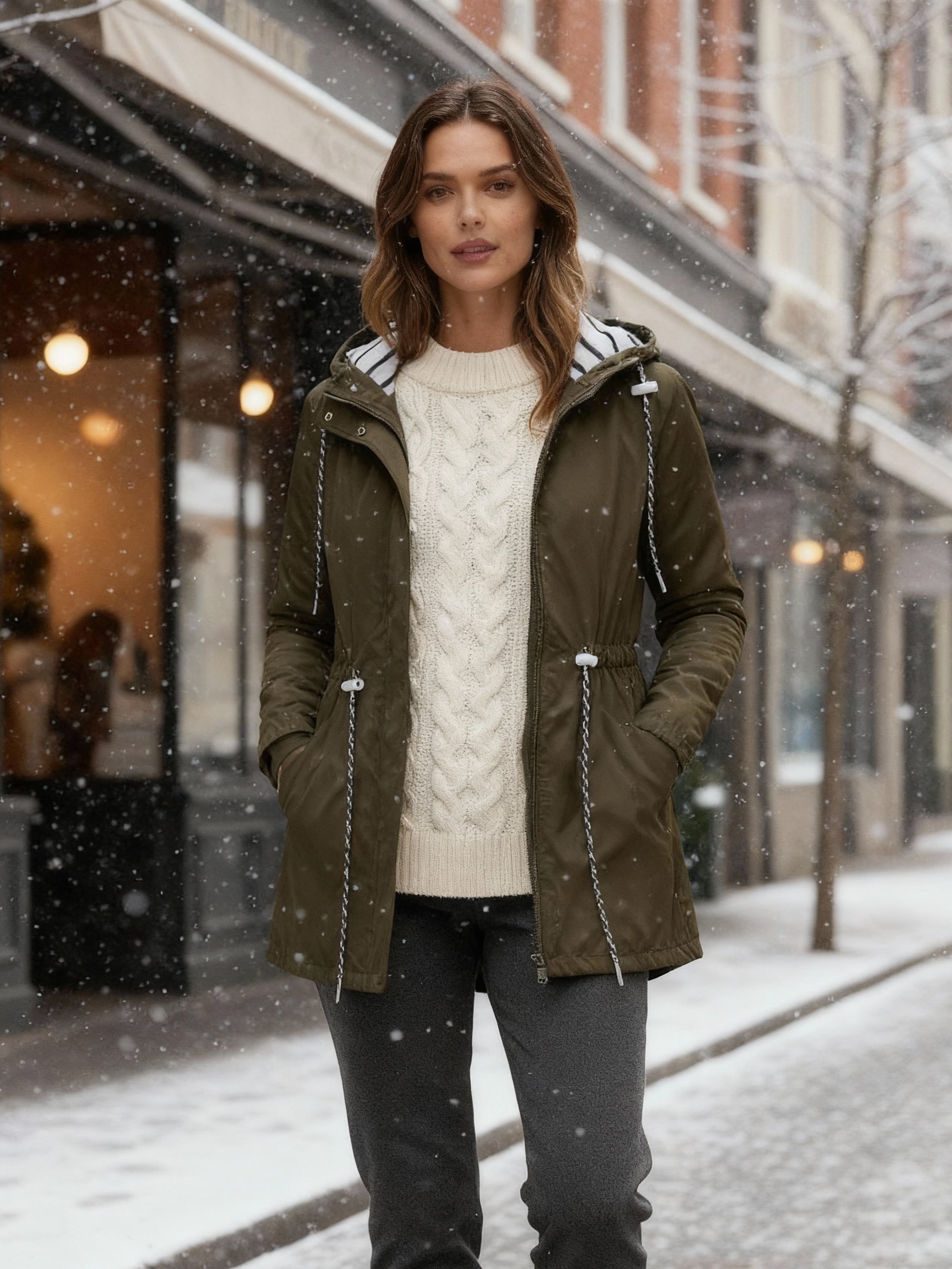 Damen Übergangsjacke mit Kapuze und Streifenfutter