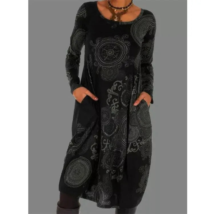Damen Winterkleid mit Rundhalsausschnitt und Mandala-Muster