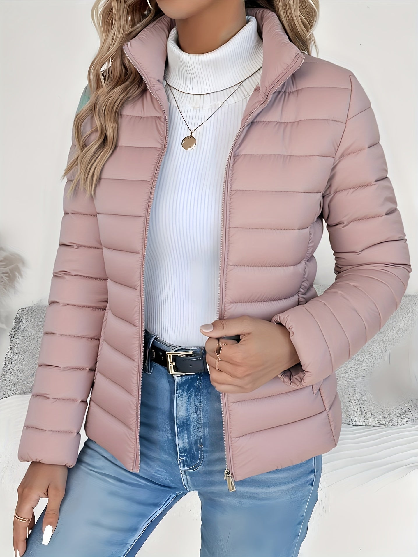 Damen-Wintermantel, locker geschnitten, leicht und warm, einfarbig – Elegante, vielseitige Jacke mit Stehkragen, Reißverschluss und langen Ärmeln – Lässiger, wattierter Wintermantel – Ideal als Geschenk zu Halloween oder Weihnachten 1
