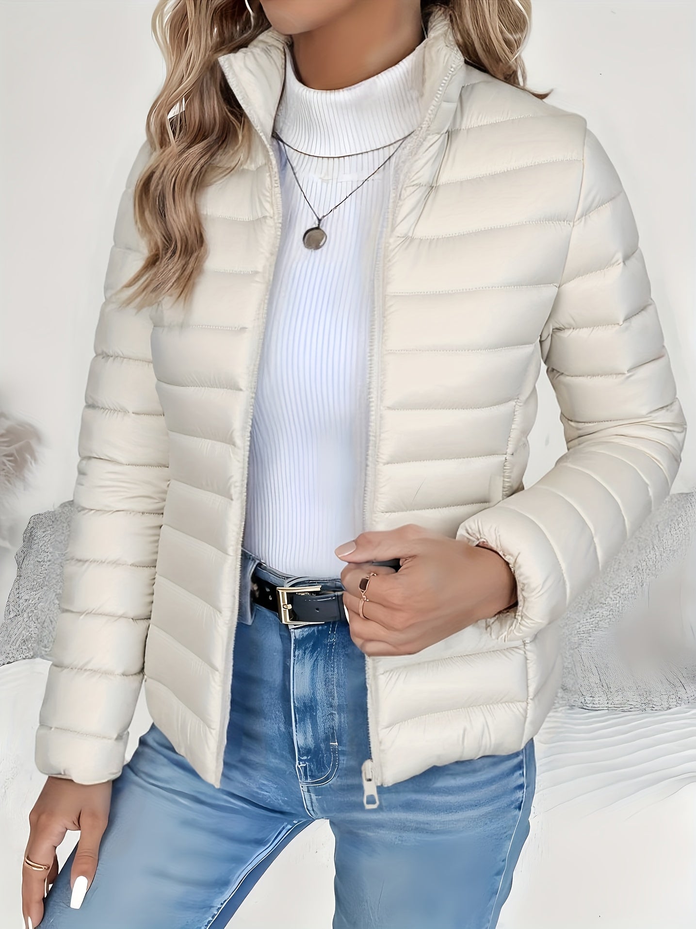 Damen-Wintermantel, locker geschnitten, leicht und warm, einfarbig – Elegante, vielseitige Jacke mit Stehkragen, Reißverschluss und langen Ärmeln – Lässiger, wattierter Wintermantel – Ideal als Geschenk zu Halloween oder Weihnachten 6