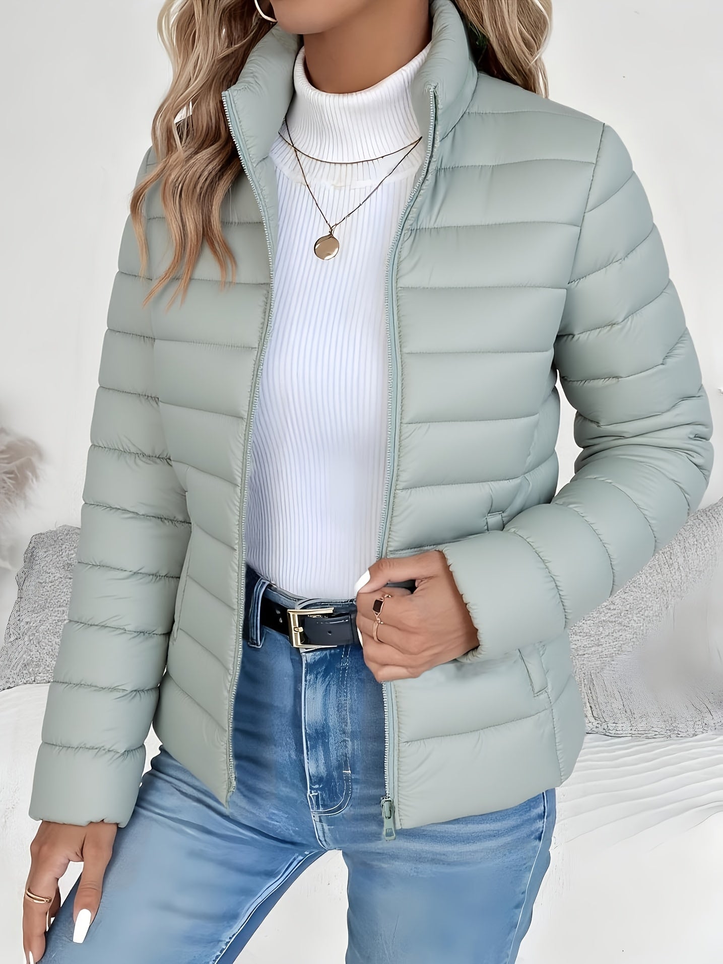 Damen-Wintermantel, locker geschnitten, leicht und warm, einfarbig – Elegante, vielseitige Jacke mit Stehkragen, Reißverschluss und langen Ärmeln – Lässiger, wattierter Wintermantel – Ideal als Geschenk zu Halloween oder Weihnachten 7