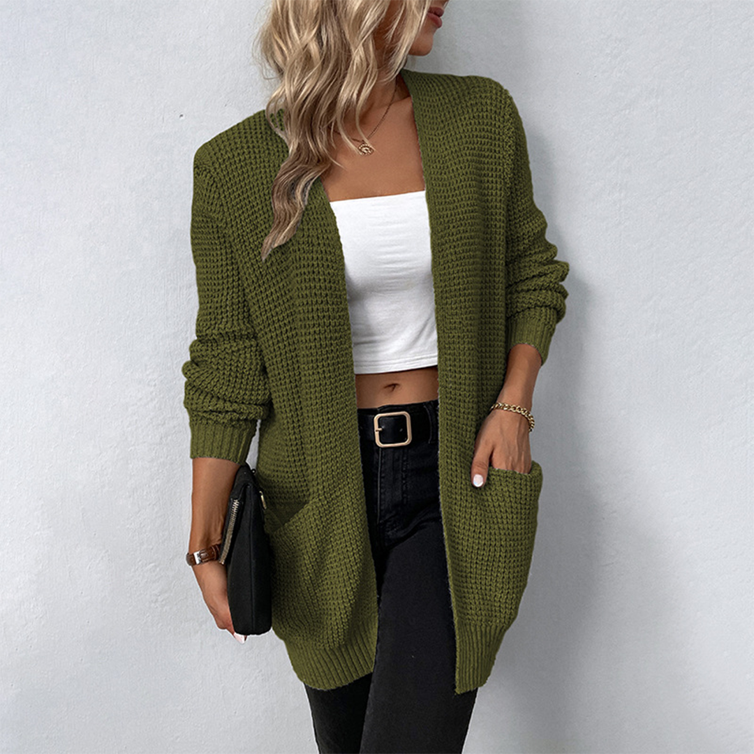 Lange Damen-Fleecejacke mit V-Ausschnitt und Taschen