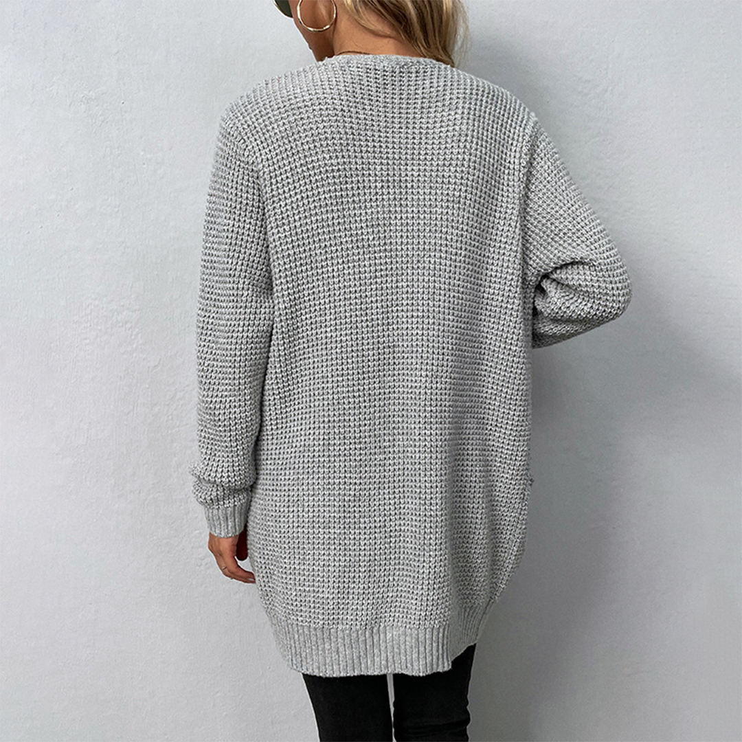Lange Damen-Fleecejacke mit V-Ausschnitt und Taschen