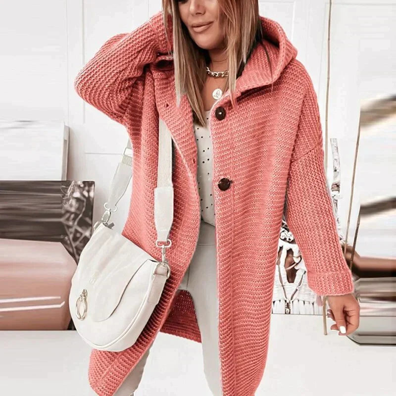 Lena - Lange warme Strickjacke mit Kapuze