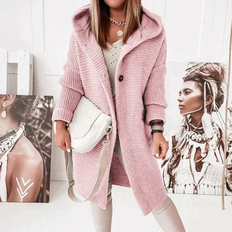 Lena - Lange warme Strickjacke mit Kapuze