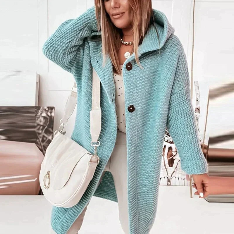 Lena - Lange warme Strickjacke mit Kapuze