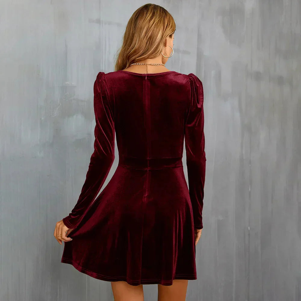 Damen Midi-Party-Kleid Elegantes Samt Design mit Langen Ärmeln - Ella-5