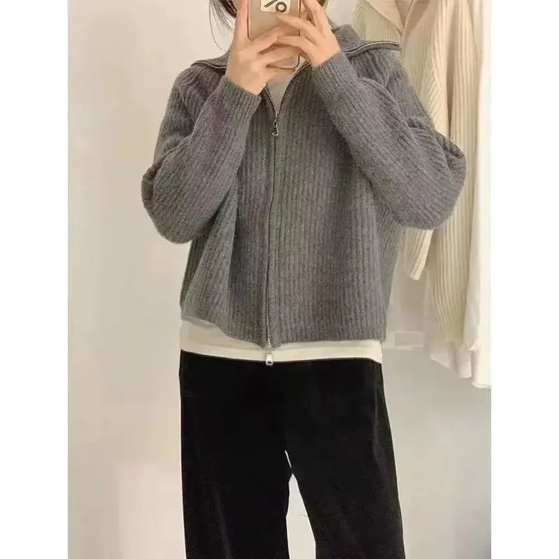 Trendiger Gerippter Strick-Cardigan mit Reißverschluss