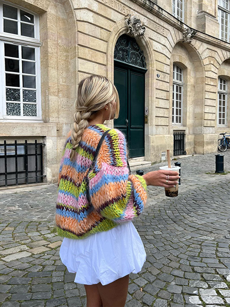 Damen Bunte Patchwork-Strickjacke