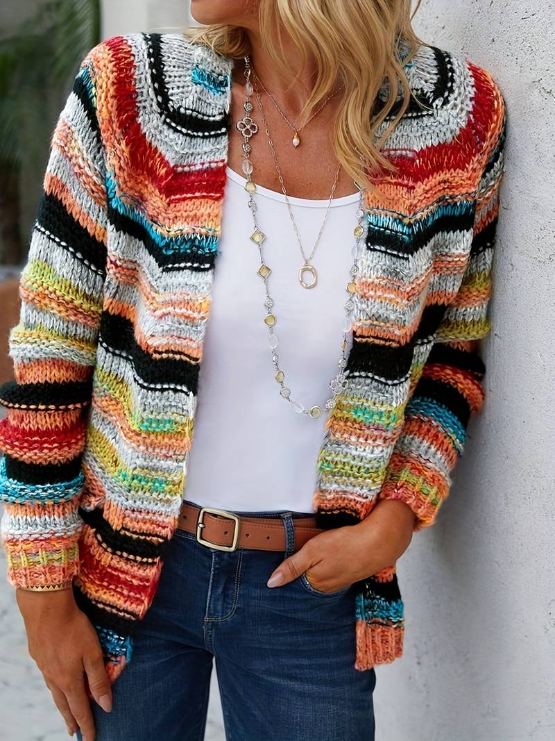 Strickjacke mit Regenbogenstreifen und Offener Vorderseite