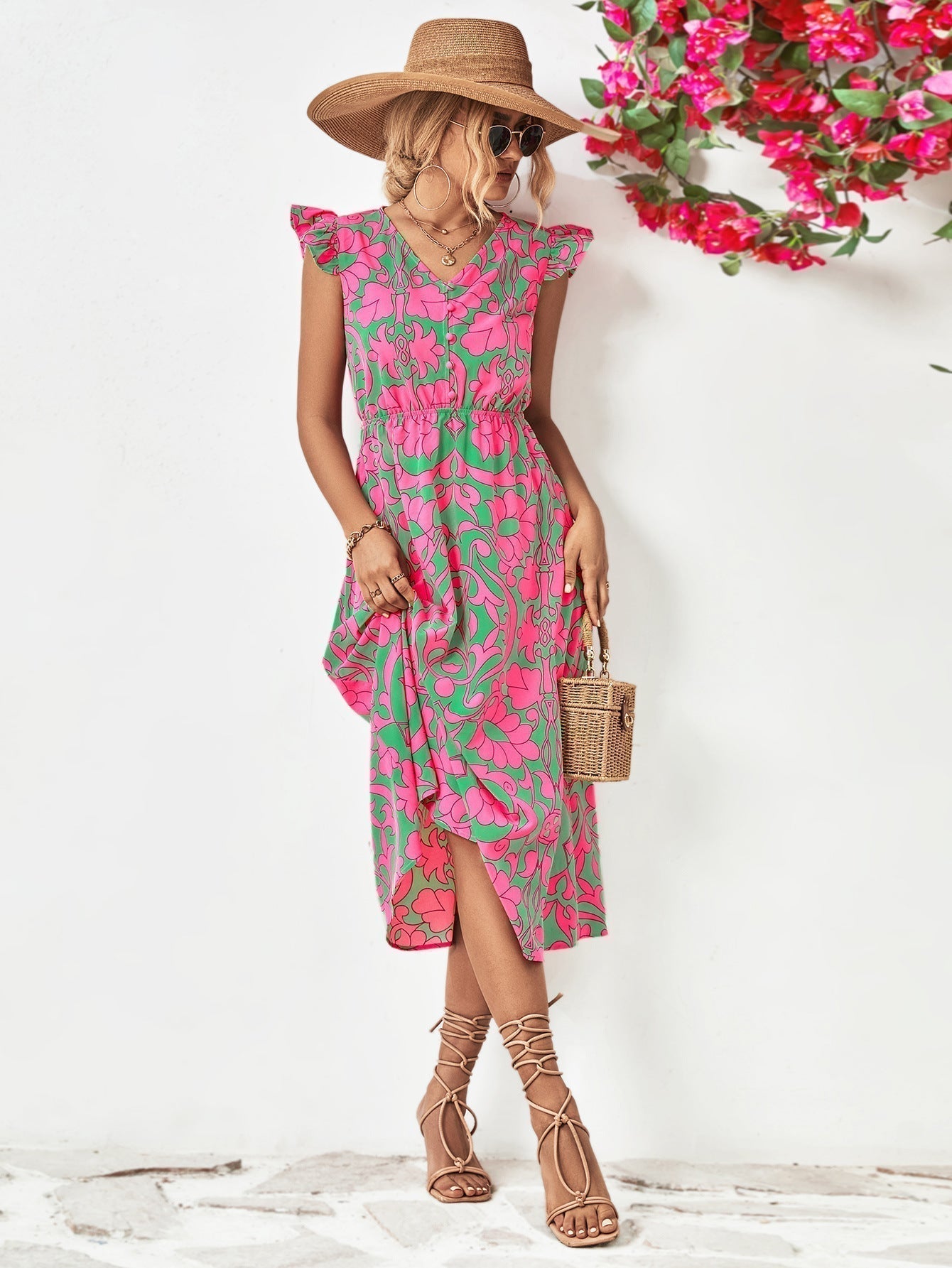 Damen Blumenkleid Mit Zartem V-Ausschnitt Und Kurzen Ärmeln - Mia-5