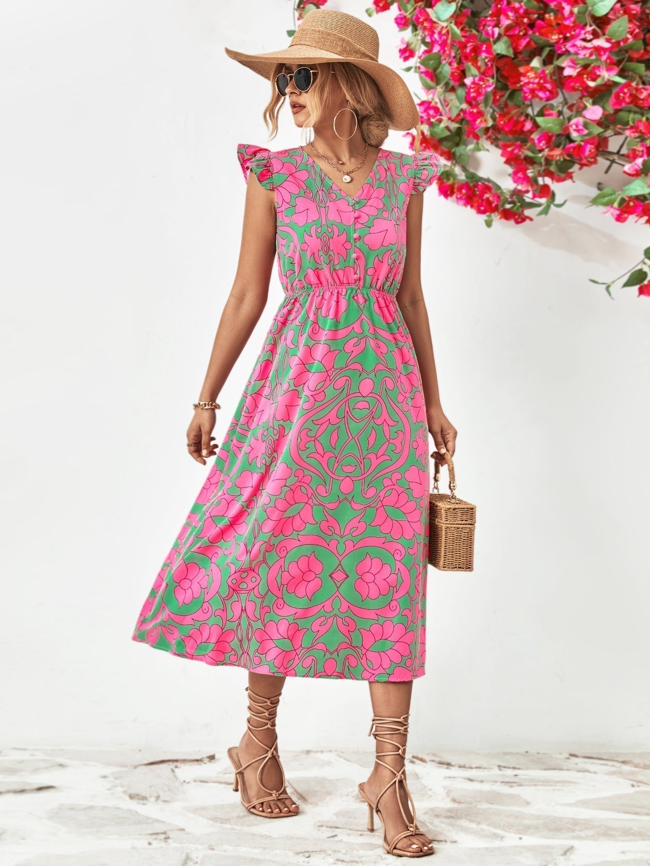 Damen Blumenkleid Mit Zartem V-Ausschnitt Und Kurzen Ärmeln - Mia-6