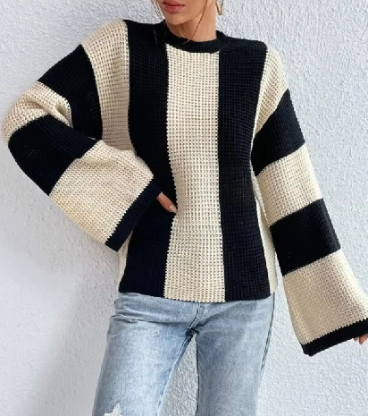 Striped knitted sweater with a round neckline for women
